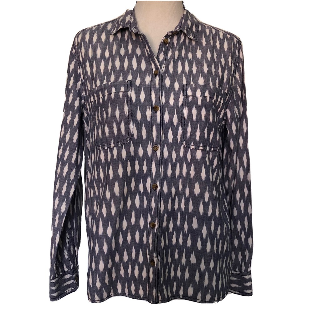 BDG Women's Printed Shirt Sz L Blue White Button Up Long Sleeves Pockets Casual